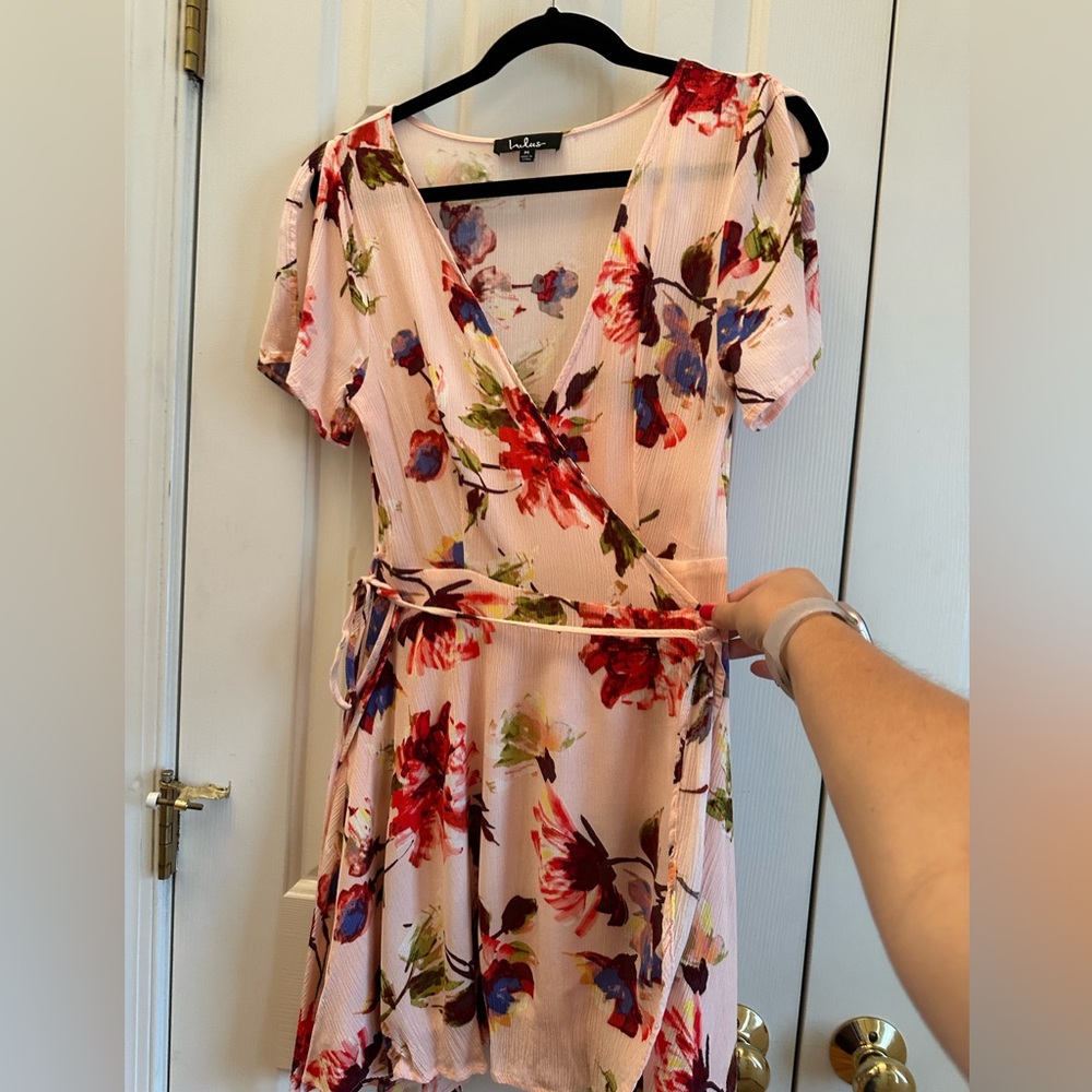 Lulu's Floral Wrap Midi Dress - Pink and Red